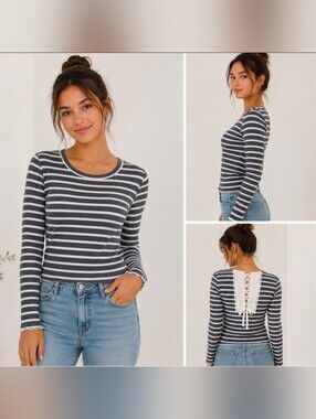 New American Rag Jr's, gray striped, crotchet lace up back long sleeve top Jr Lg